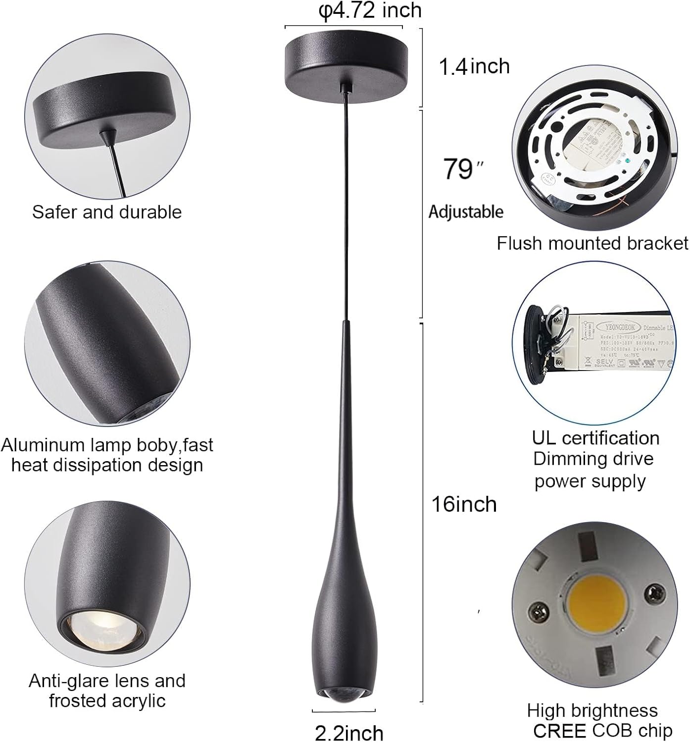 Dimmable Modern Black LED Mini Pendant Lights