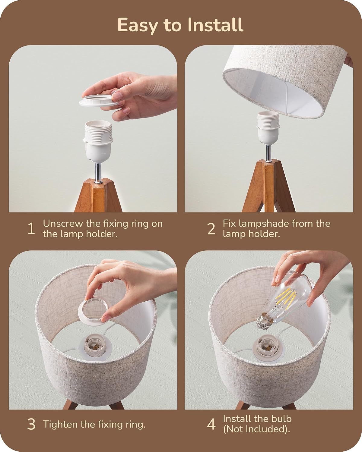 Wood Tripod Beige Linen Bedside Table Lamp