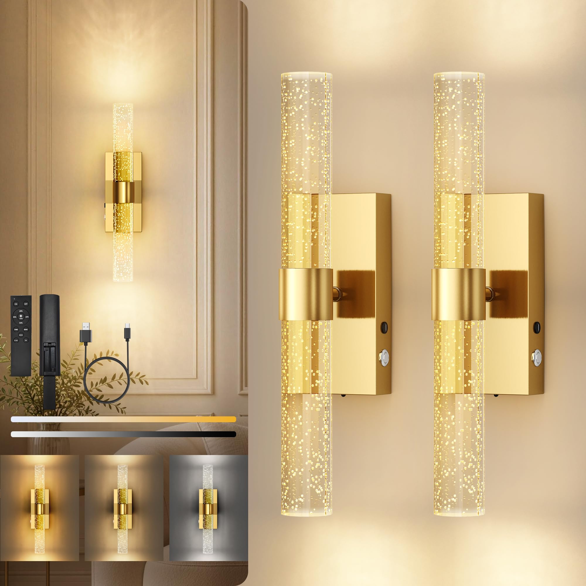 Cordless Dimmable Gold Wall Sconces Set of Two