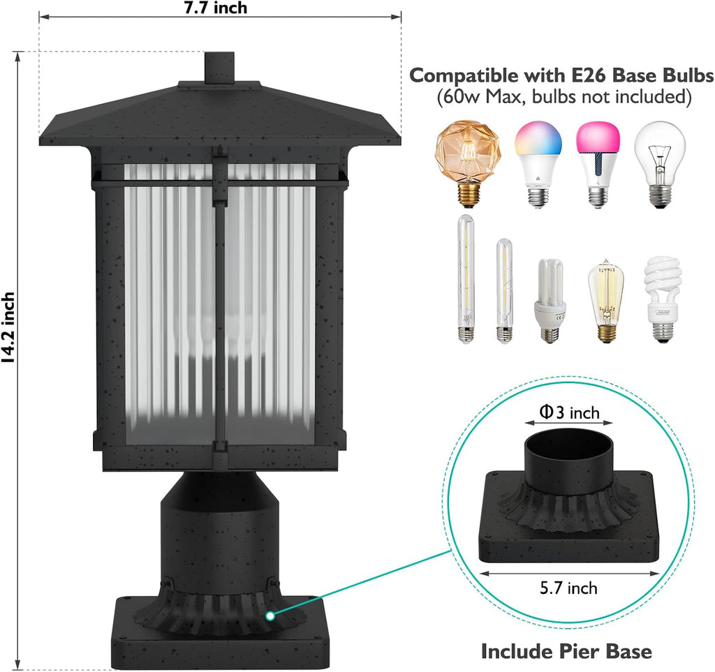 Black Ribbed Glass Outdoor Post Pole Lamp