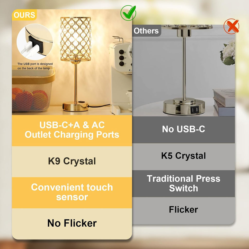 Touch Dimmable Gold Crystal Charging Bedside Lamp
