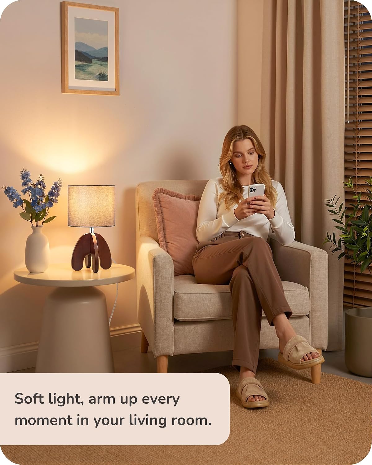 Grey Linen Wood Base Bedside Table Lamp