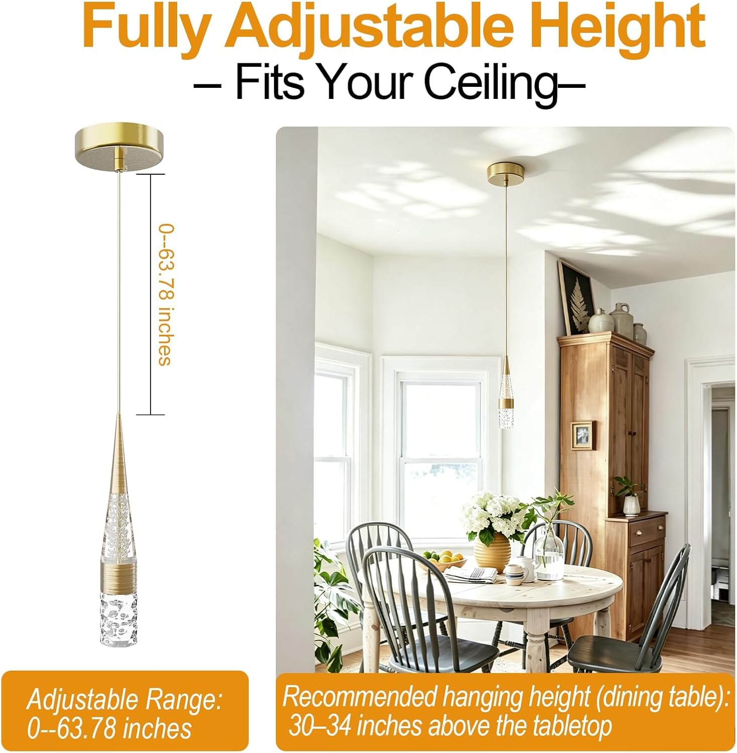 Dimmable Gold Crystal Adjustable LED Pendant Light