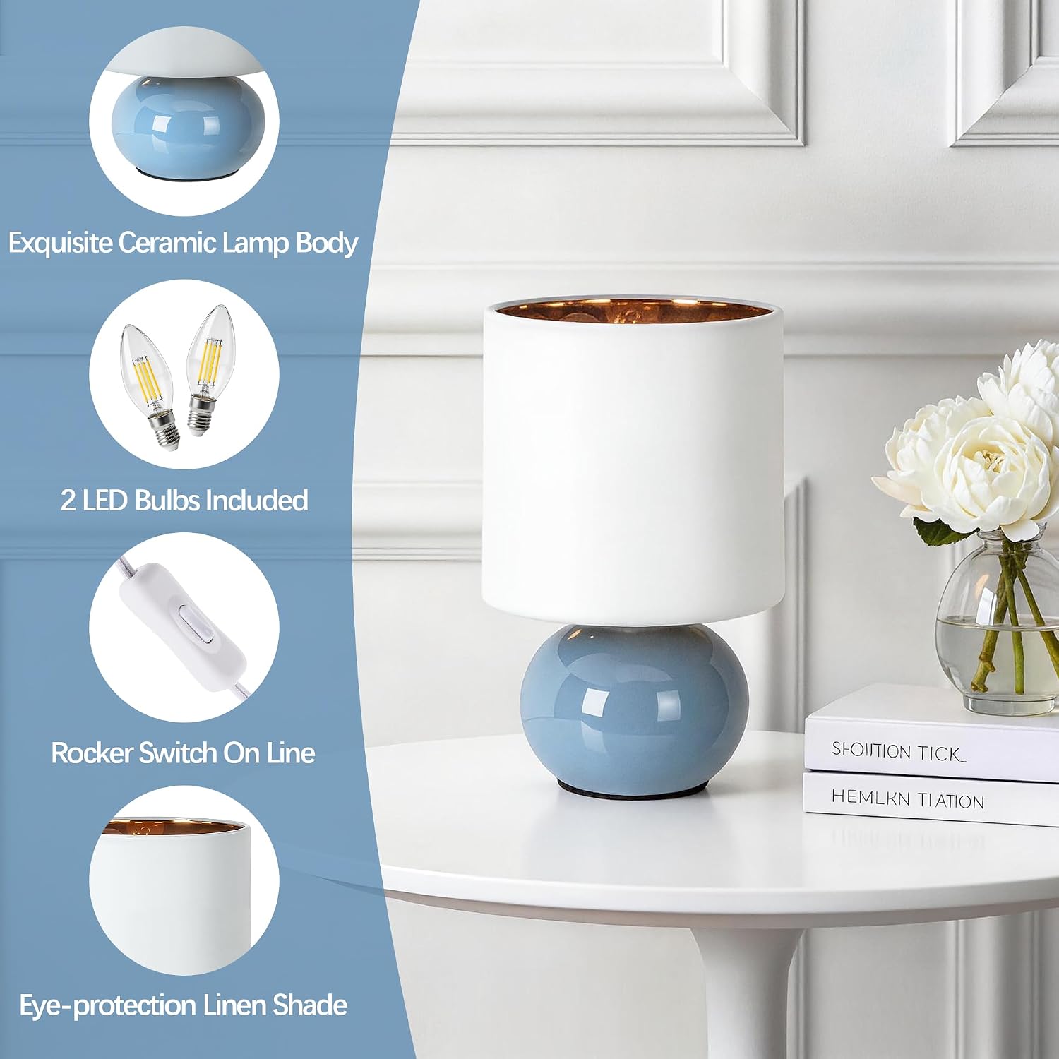 Blue Ceramic Bedside Table Lamps Set of Two