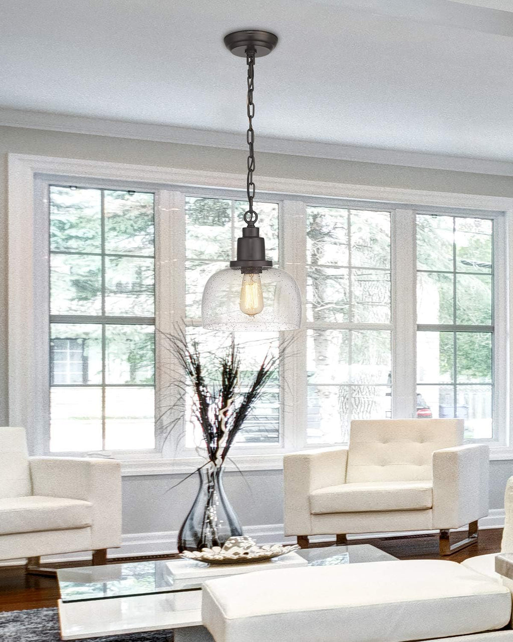 Vintage Farmhouse 9.3" Seeded Glass Bronze Pendant Light