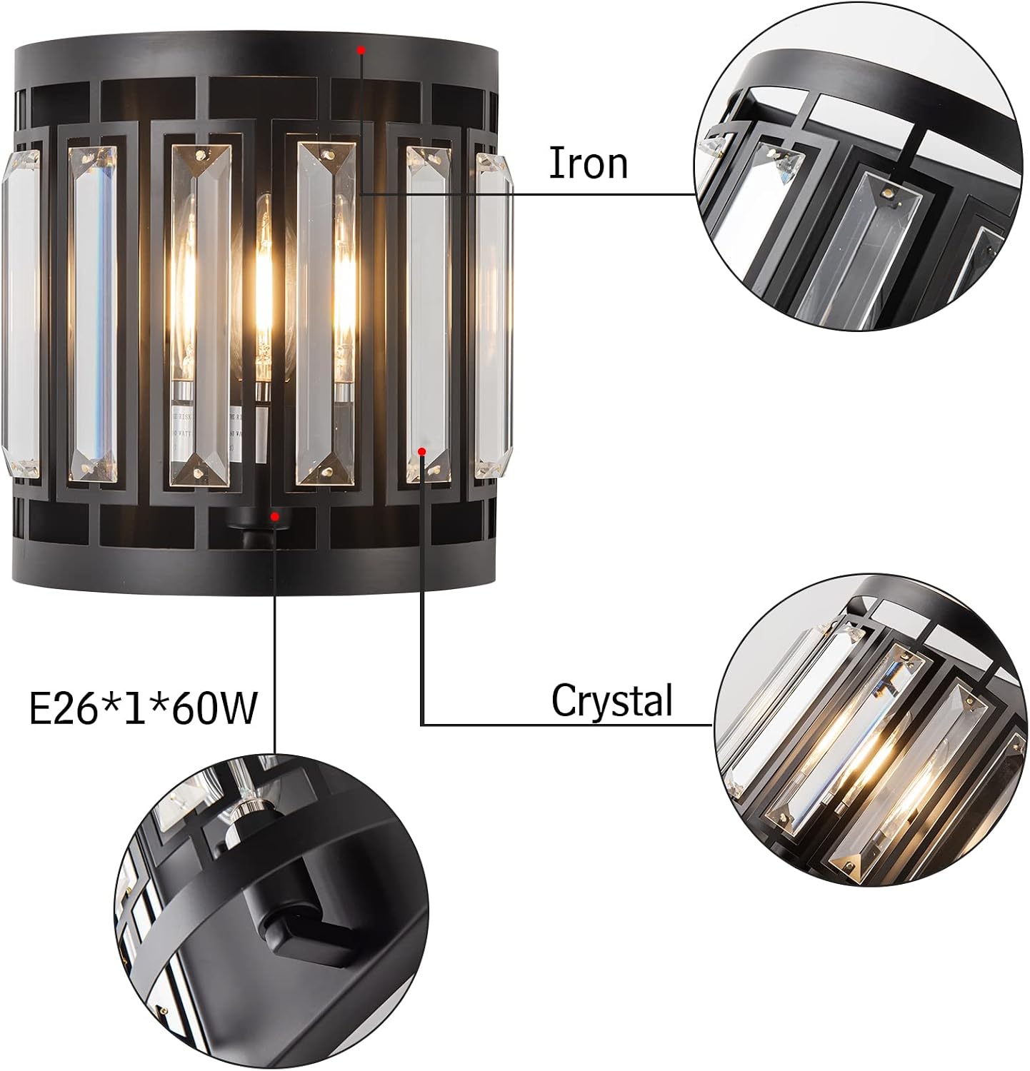 K9 Crystal Black Modern Bedroom Wall Sconce