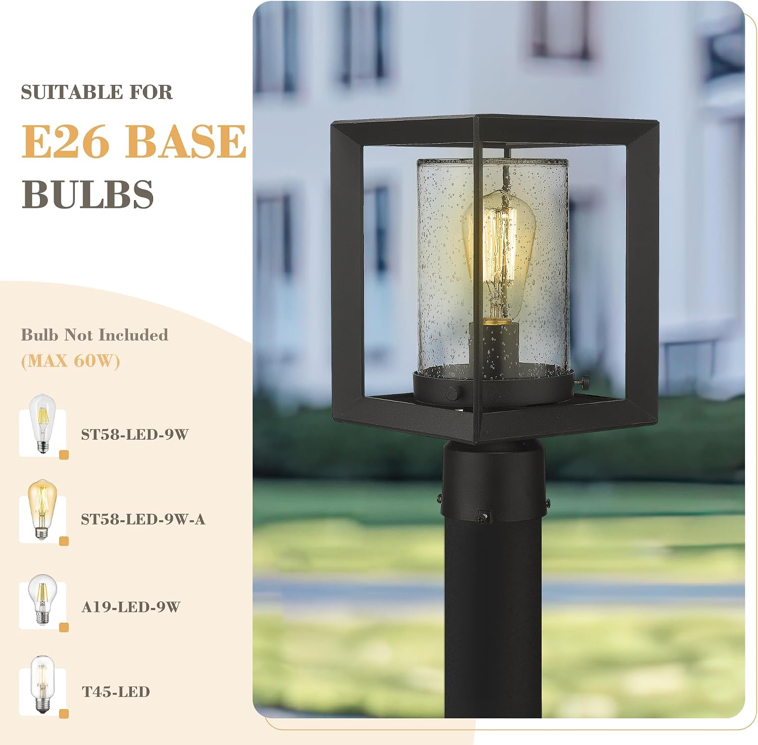 Black Seeded Glass Outdoor Post Lantern Lamp