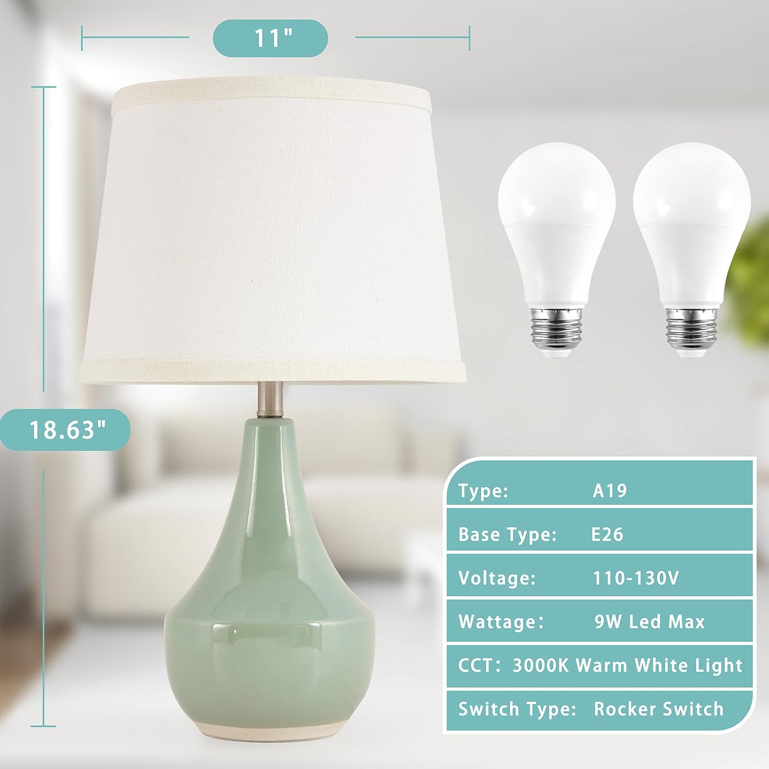 Sage Green Ceramic Bedside Lamps Set of Two