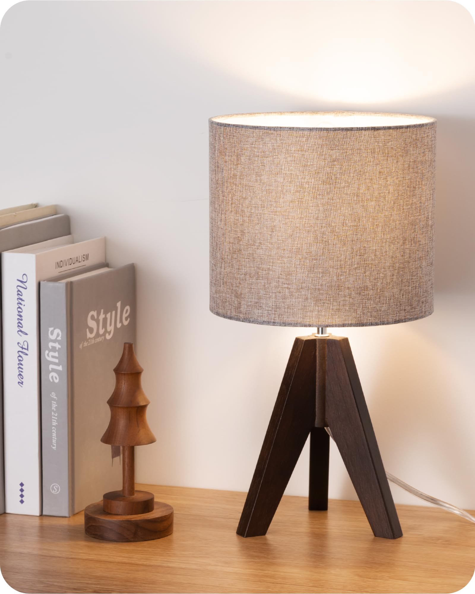 Wood Tripod Beige Linen Bedside Table Lamp