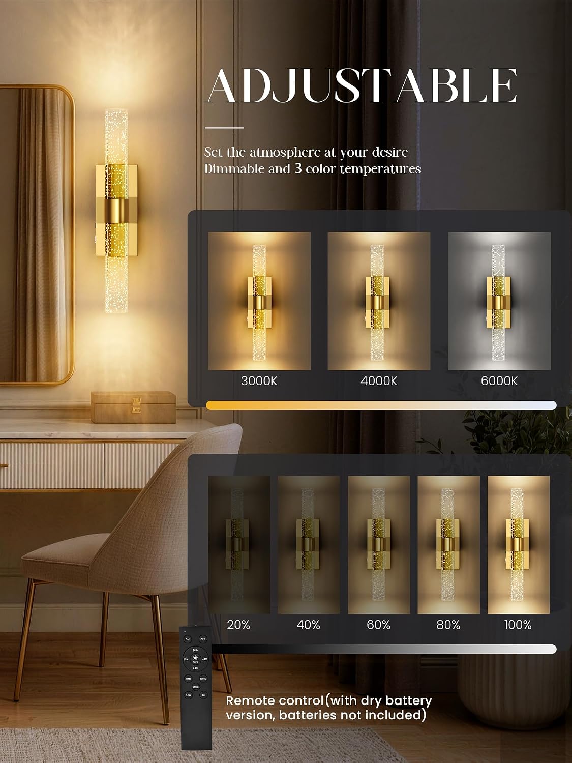 Cordless Dimmable Gold Wall Sconces Set of Two