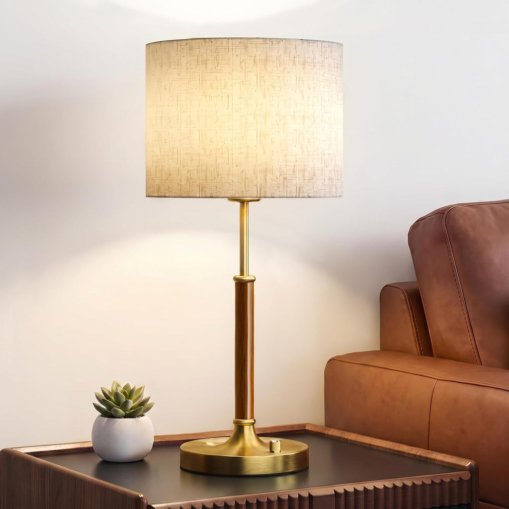 Mid Century Wood Gold Linen Bedside Table Lamp