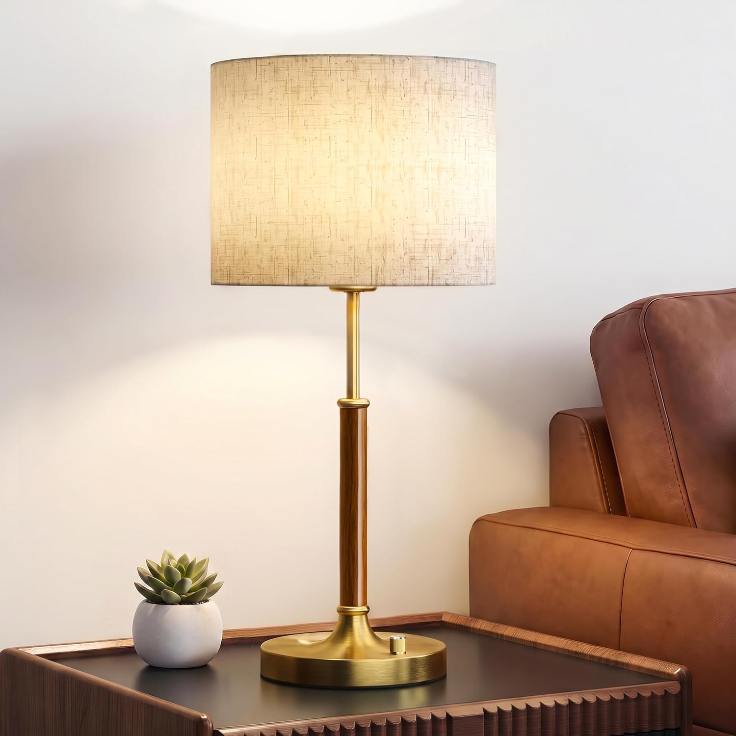 Mid Century Wood Gold Linen Bedside Table Lamp