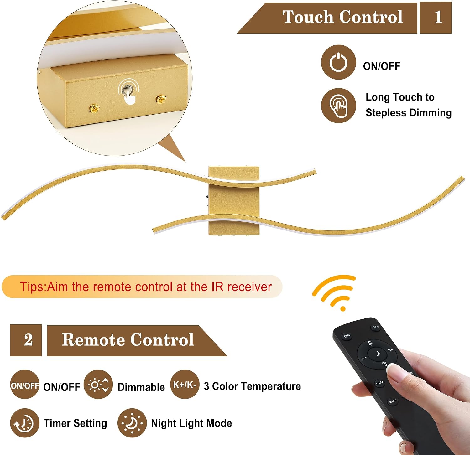 Rechargeable Gold Remote Dimmable Battery Wall Sconces
