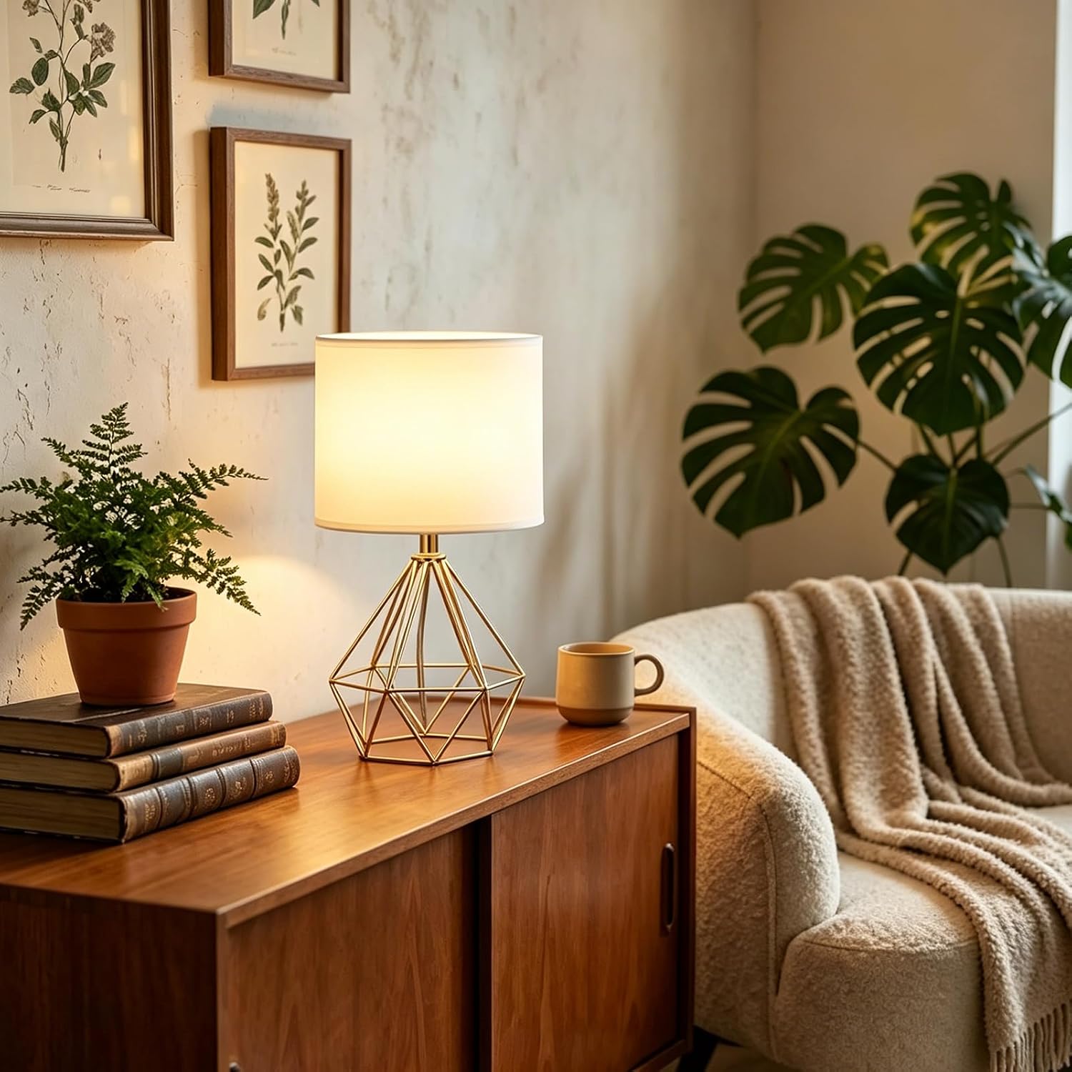 Gold Fabric Shade Bedside Table Lamps Set Two