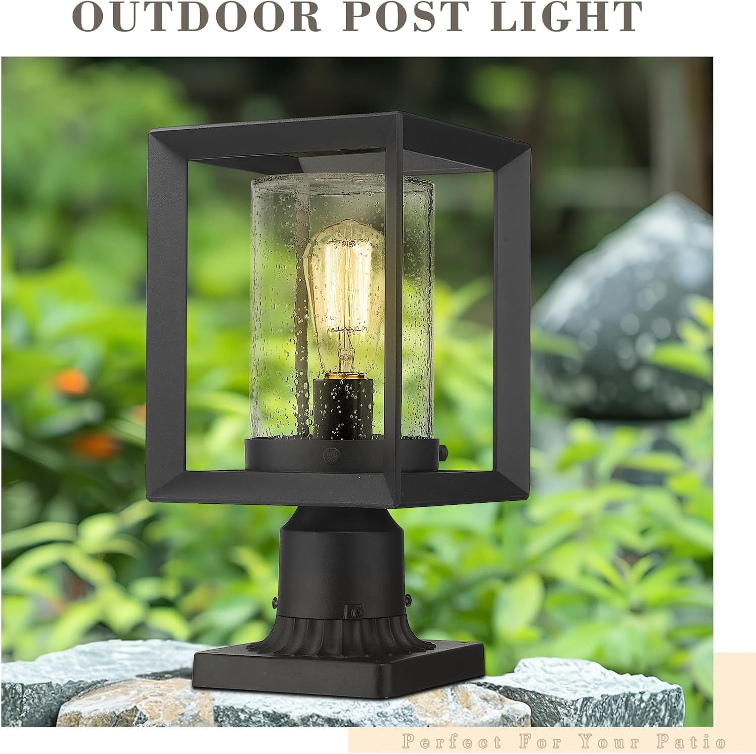 Black Seeded Glass Outdoor Post Lantern Lamp