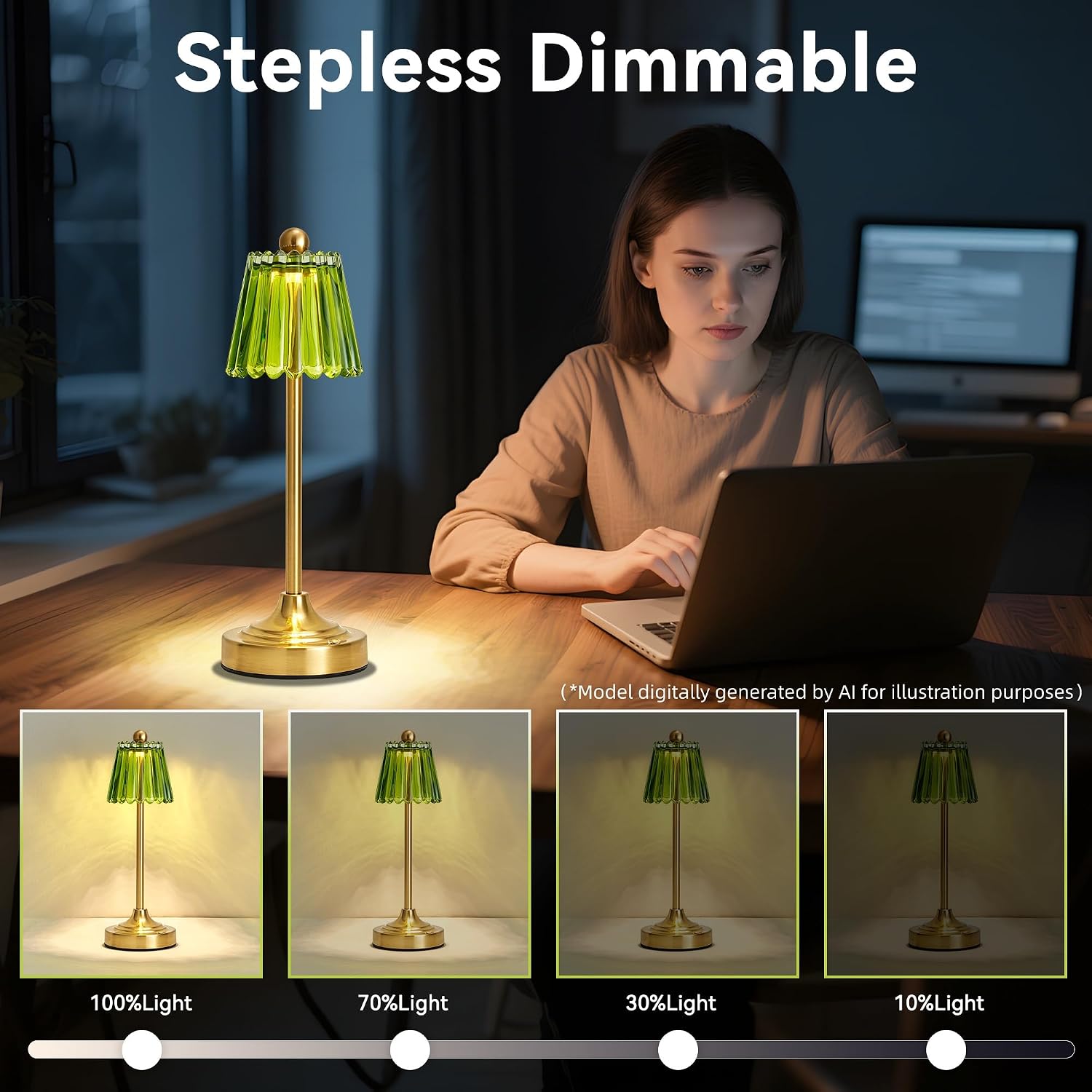 Touch Dimmable Green Glass Lamps Set of Two