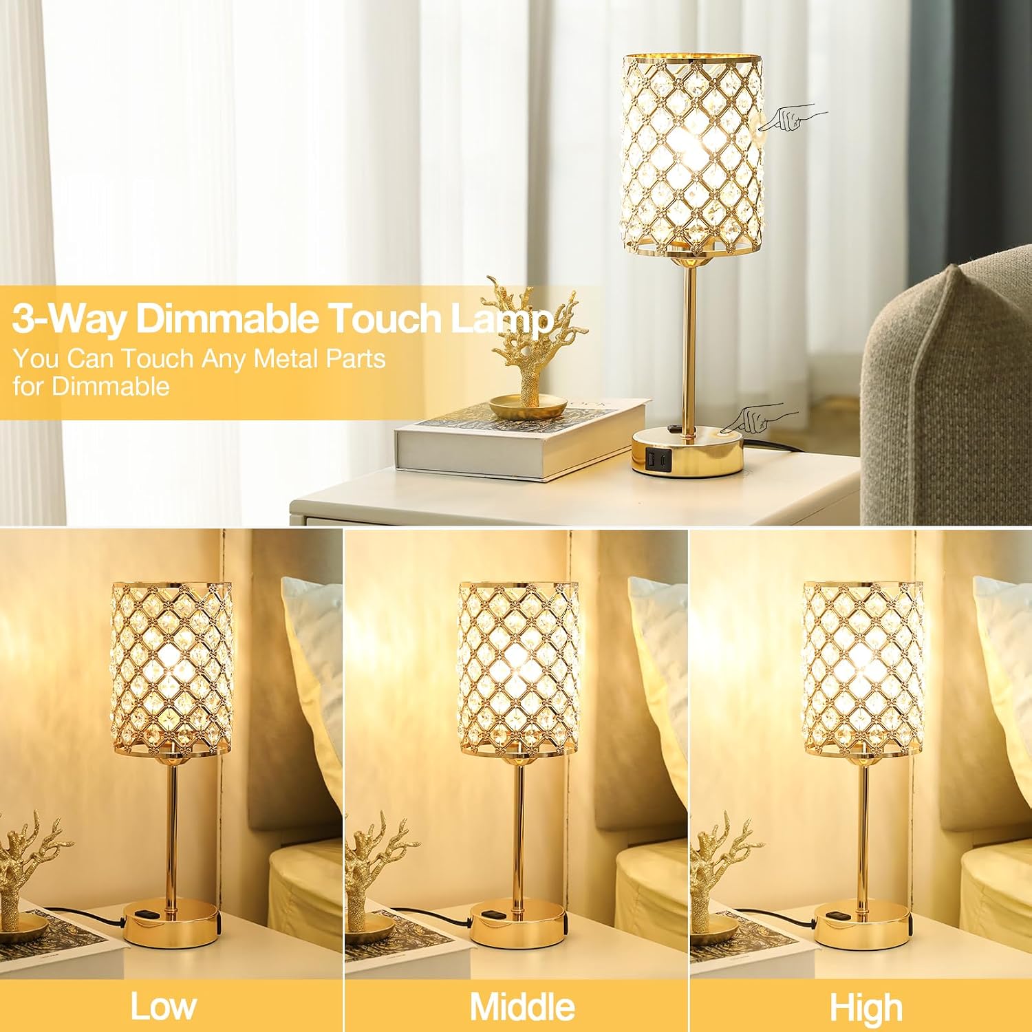 Touch Dimmable Gold Crystal Charging Bedside Lamp