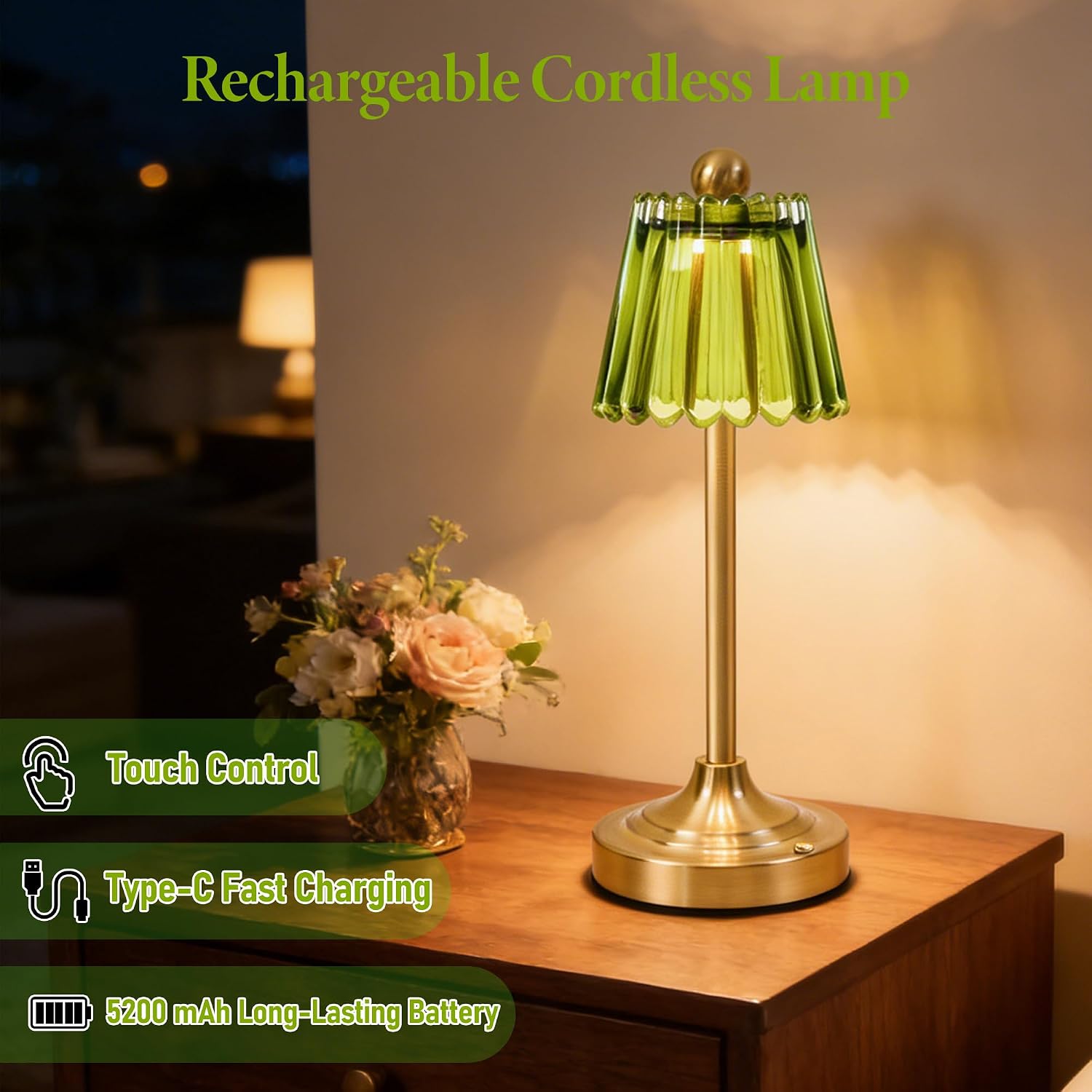 Touch Dimmable Green Glass Lamps Set of Two