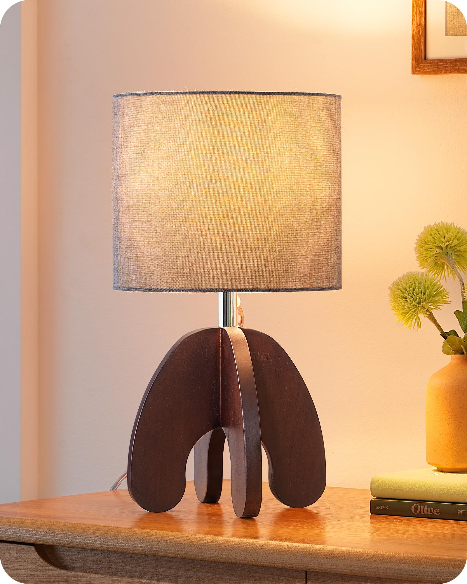 Grey Linen Wood Base Bedside Table Lamp