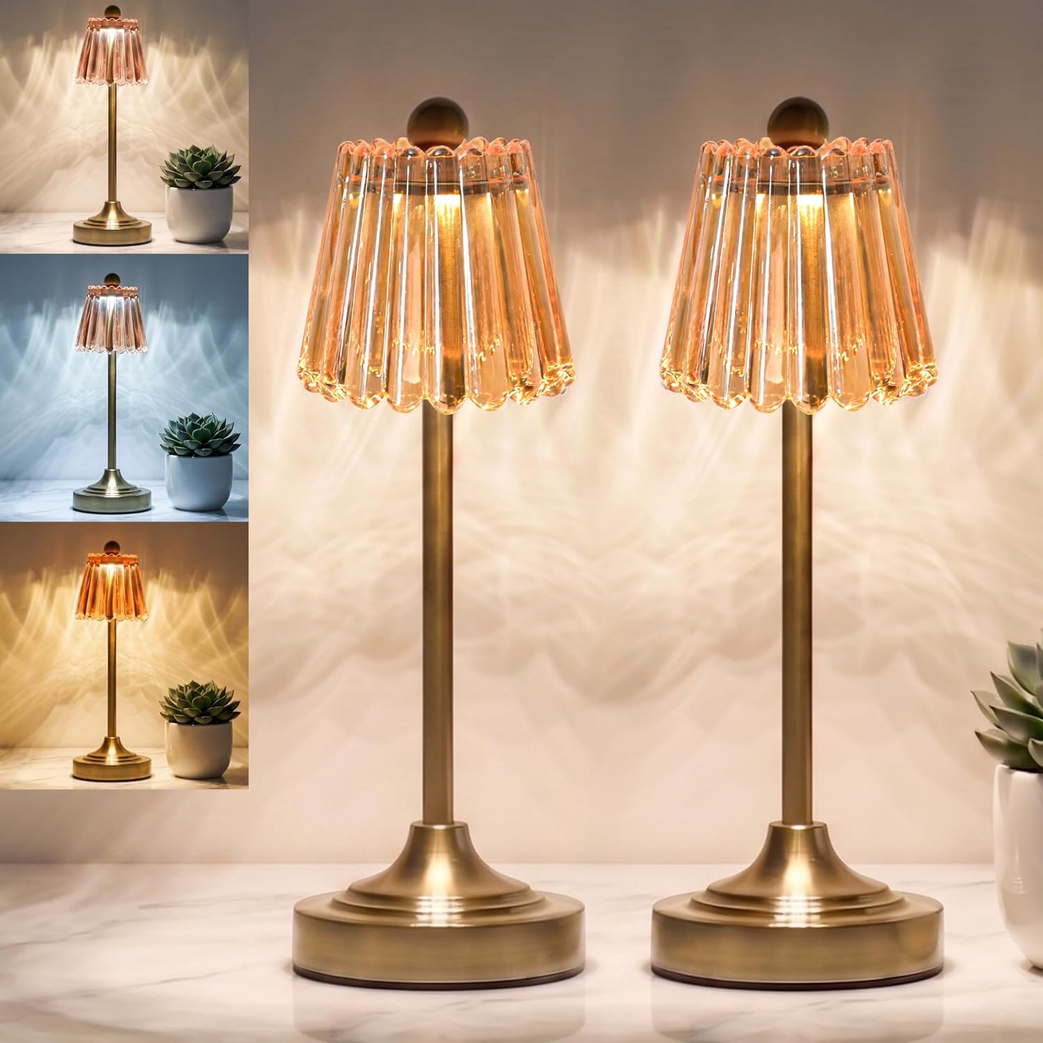 Cordless Touch Dimmable Glass Lamps Set of Two