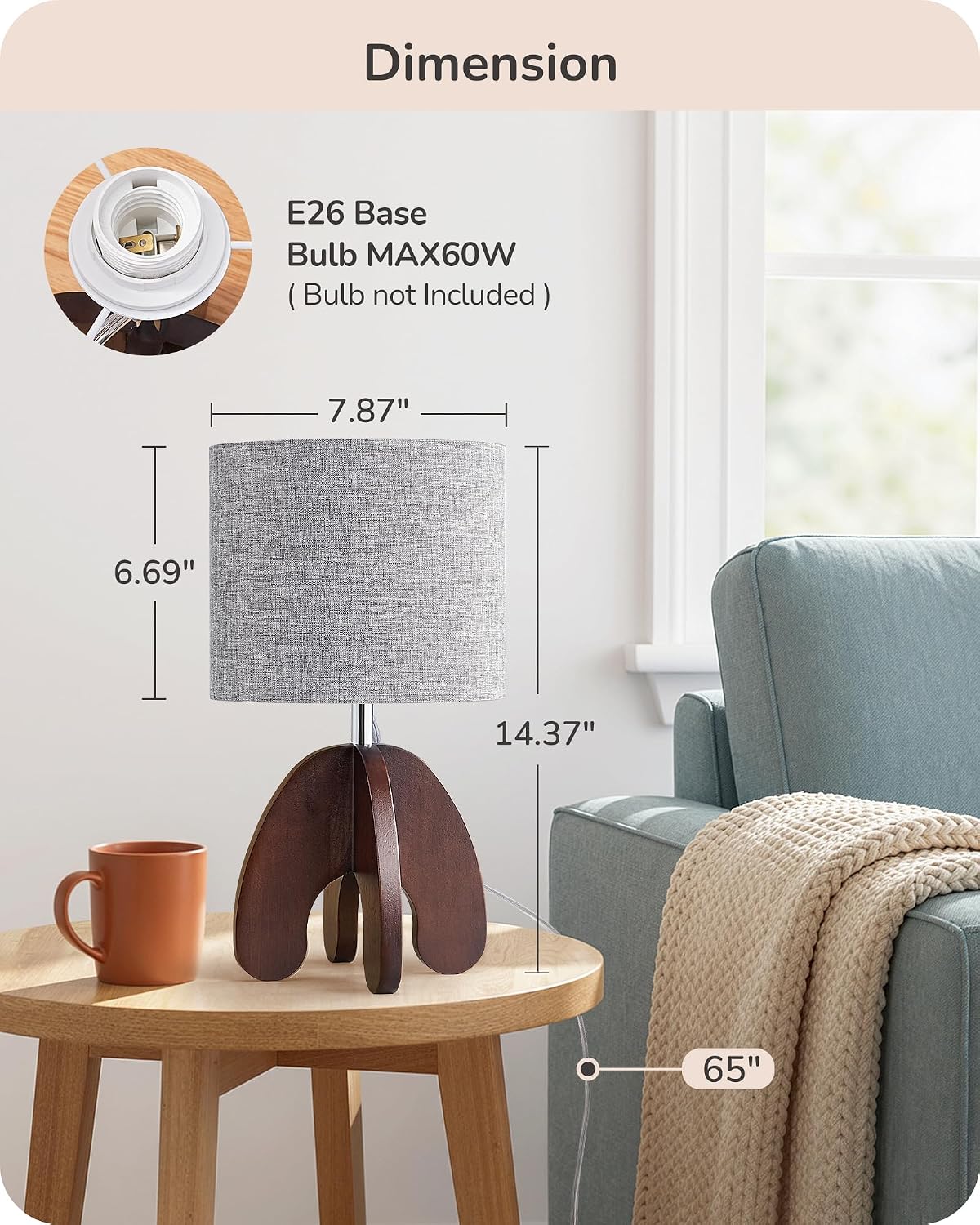 Grey Linen Wood Base Bedside Table Lamp