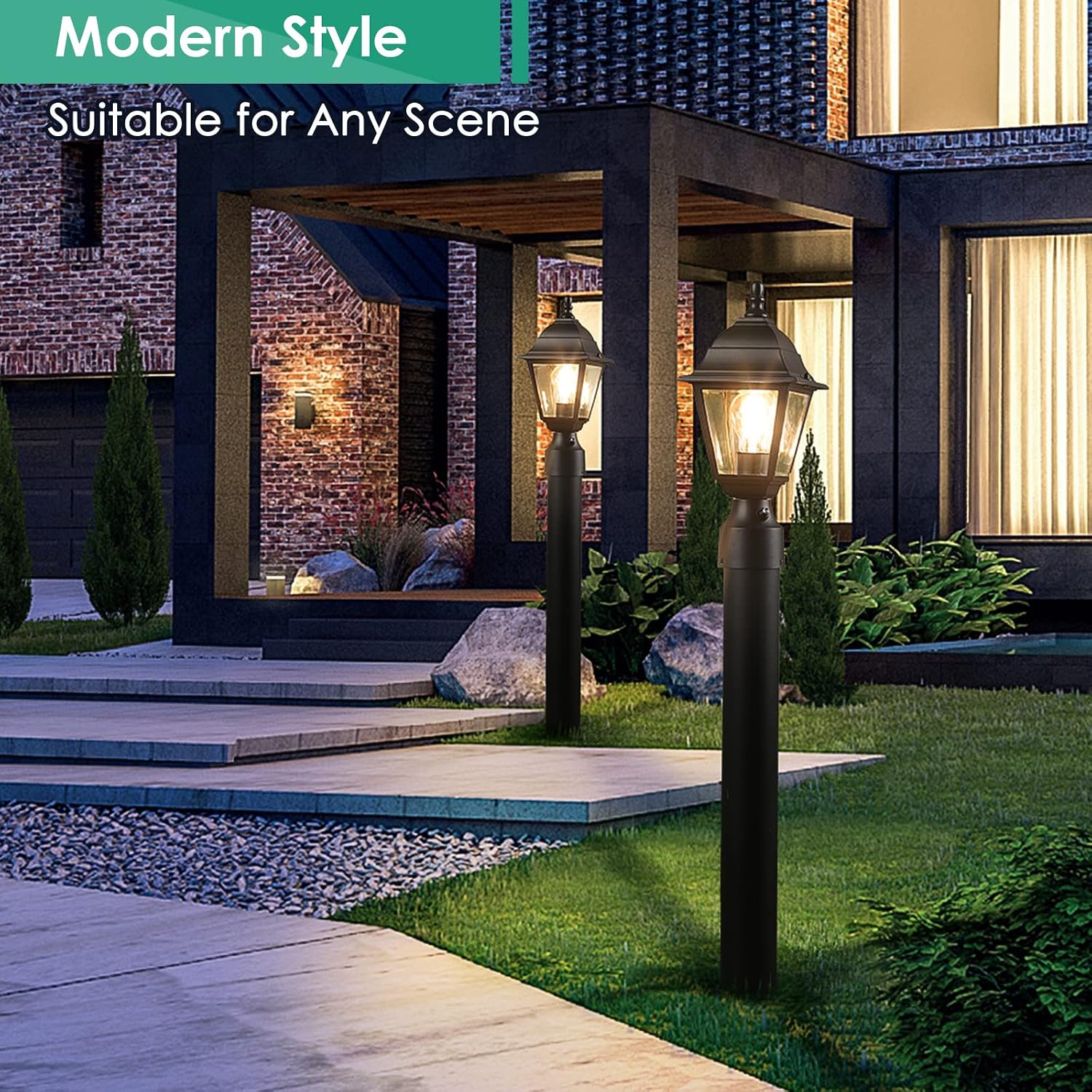Black Clear Glass Dusk Dawn Post Lamps Set Two