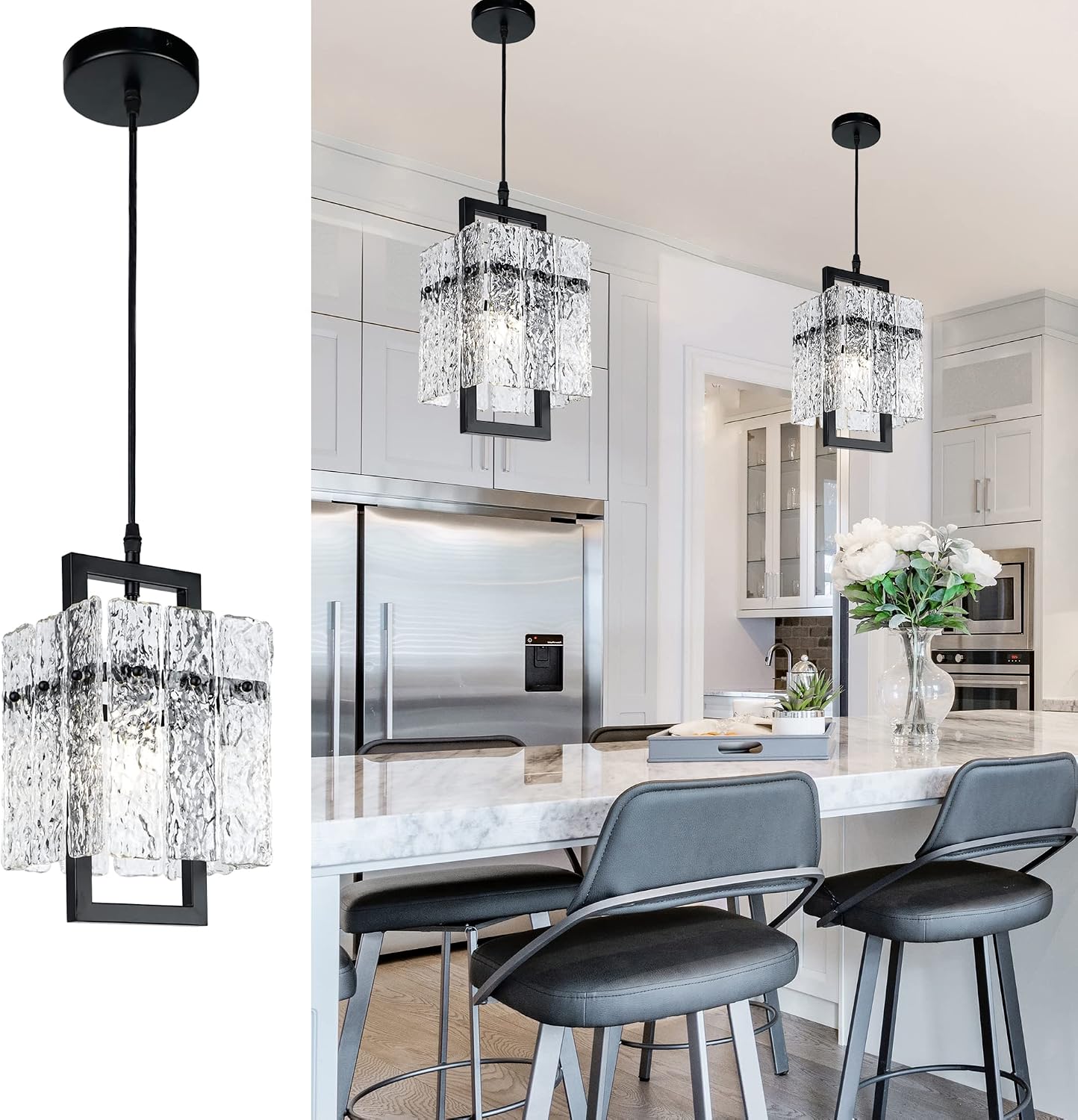 Water Ripple Crystal Adjustable Black Pendant Light
