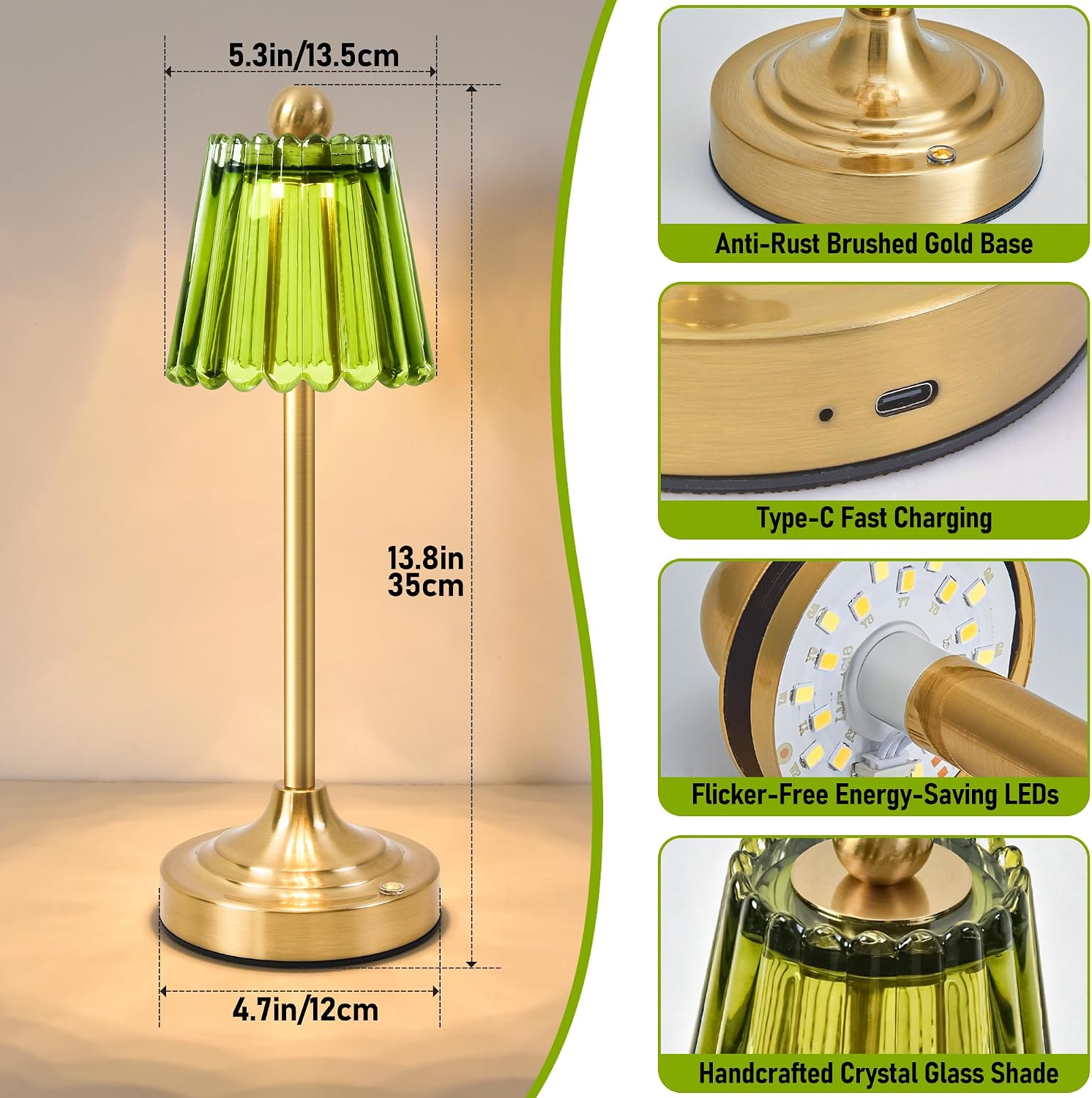 Touch Dimmable Green Glass Lamps Set of Two