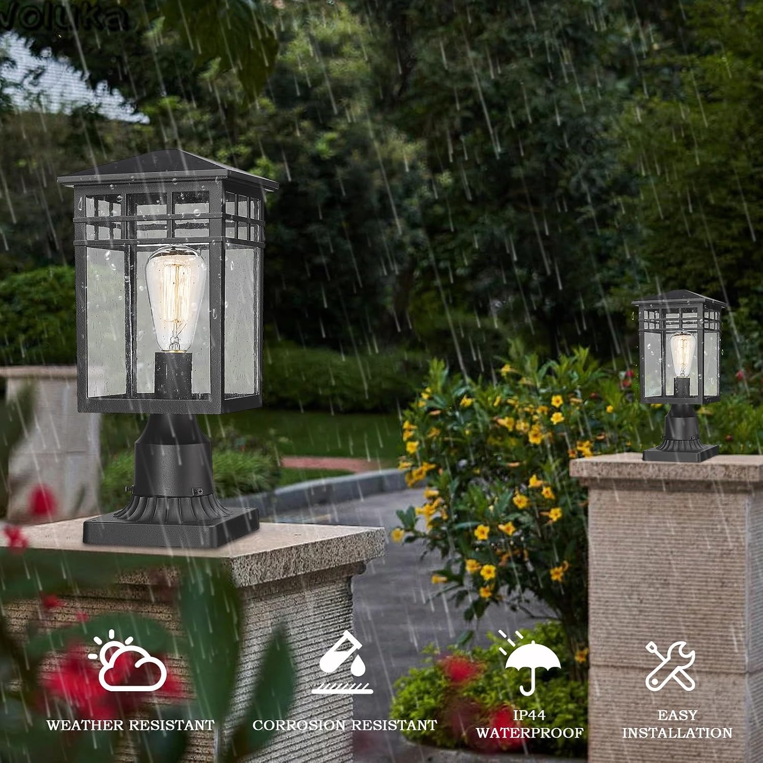 Black Seeded Glass Modern Outdoor Post Lantern