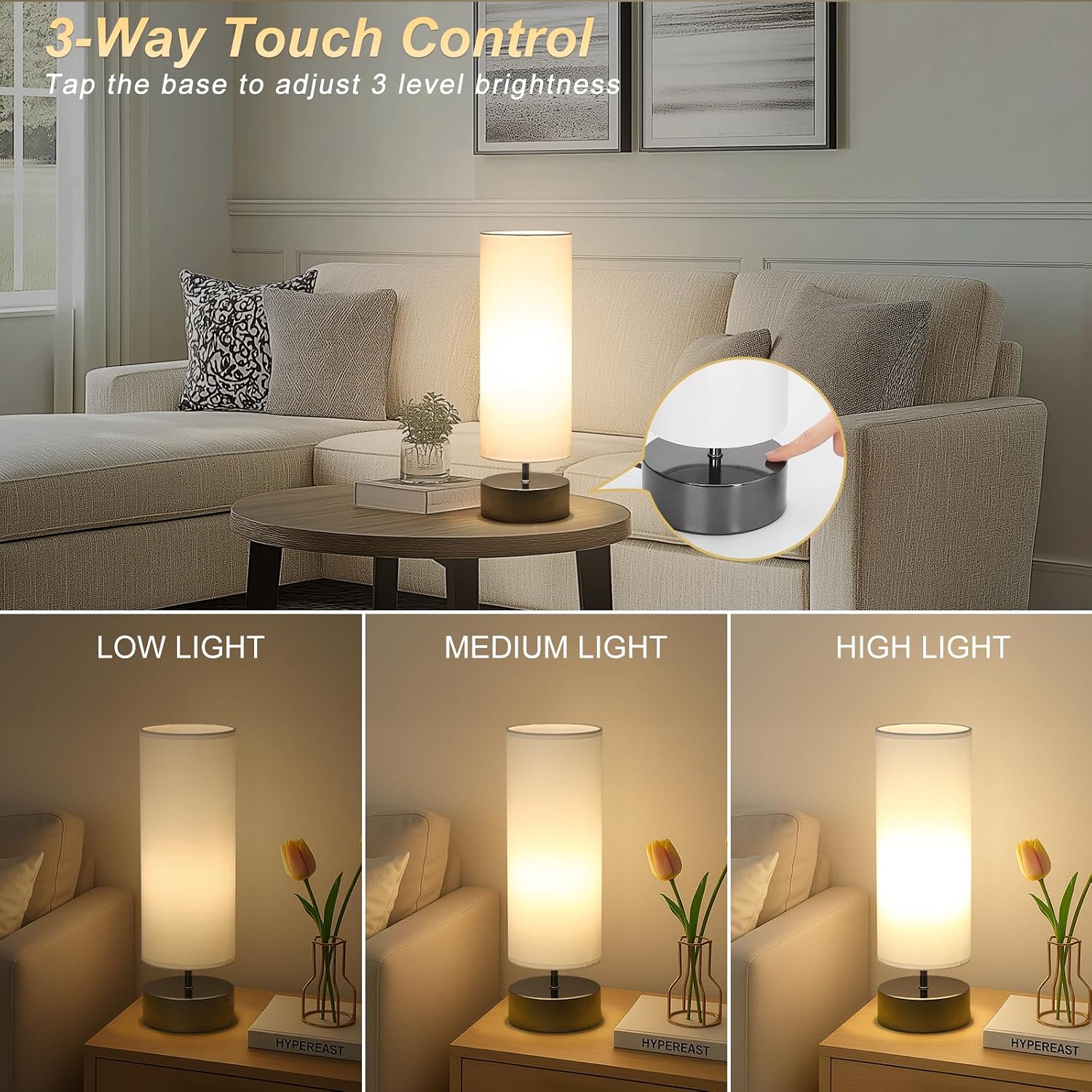 Touch Dimmable Fabric Shade Bedside Table Lamp