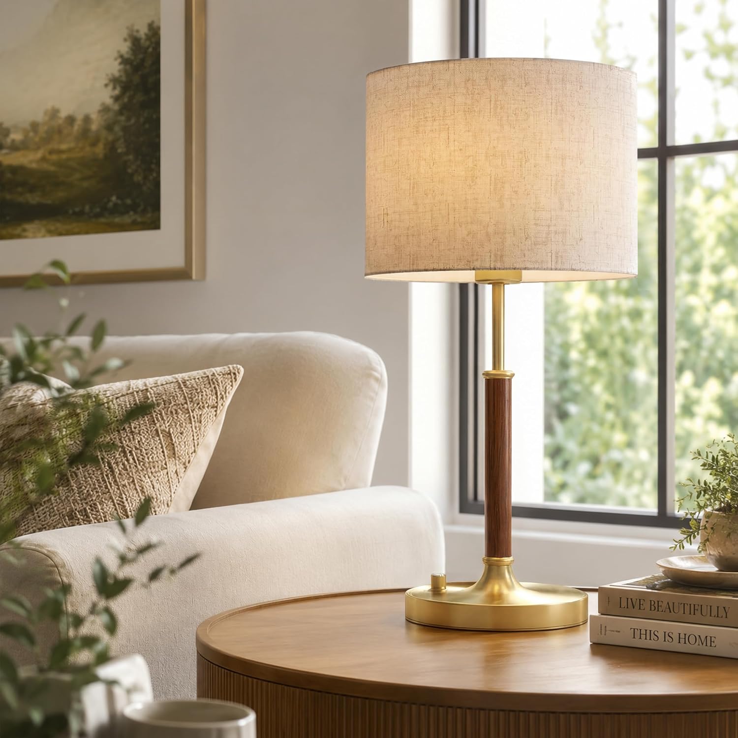 Mid Century Wood Gold Linen Bedside Table Lamp