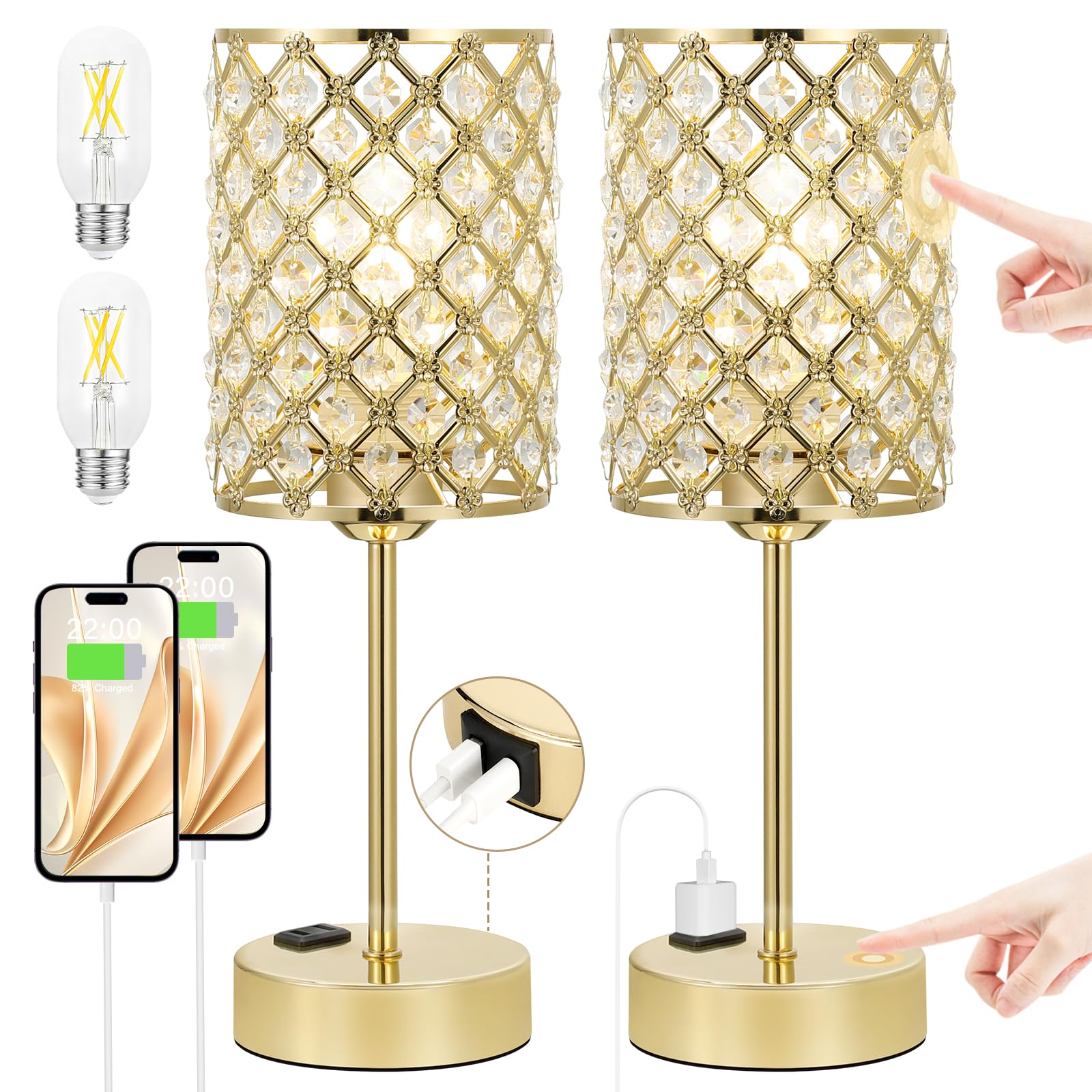 Touch Dimmable Gold Crystal Charging Bedside Lamp