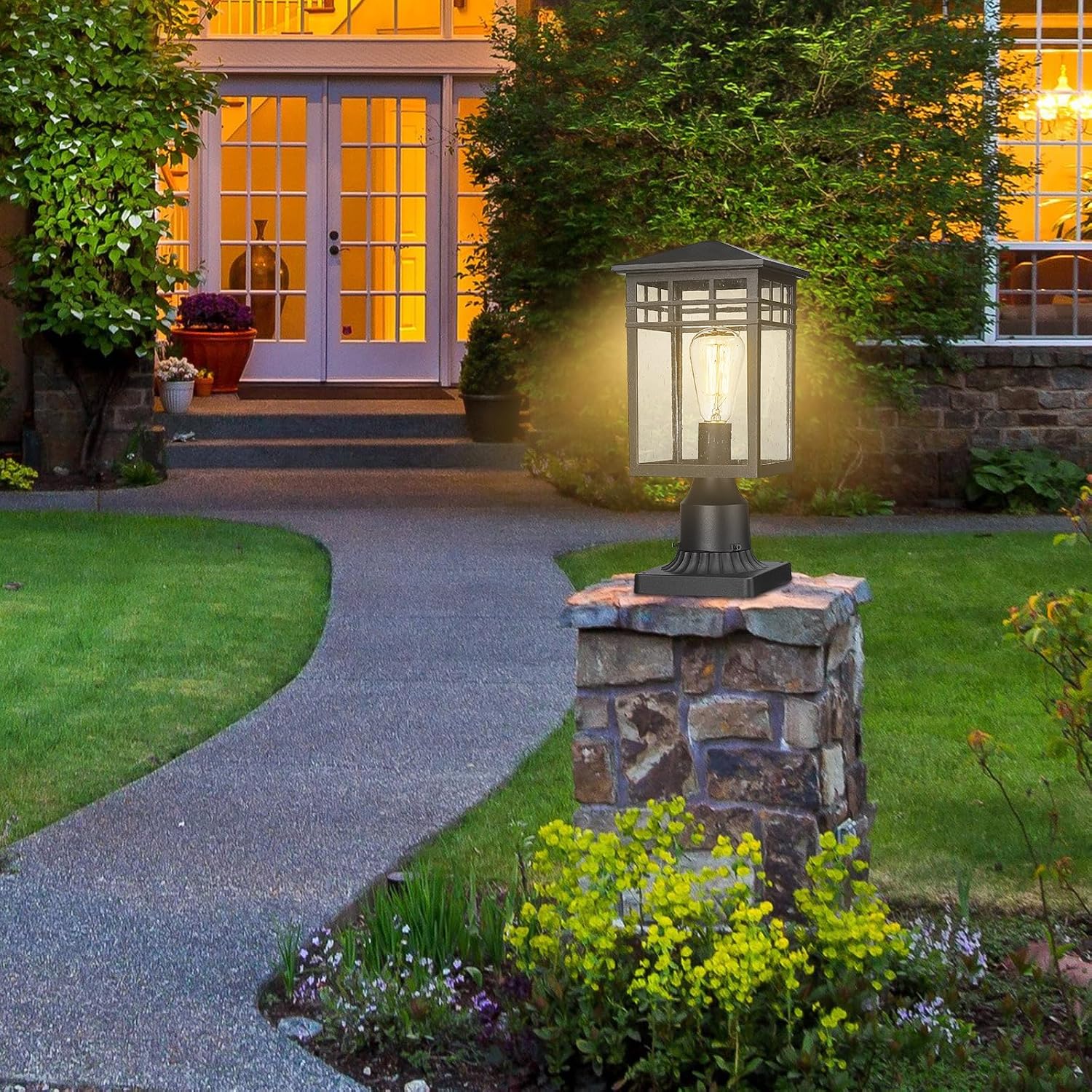Black Seeded Glass Modern Outdoor Post Lantern