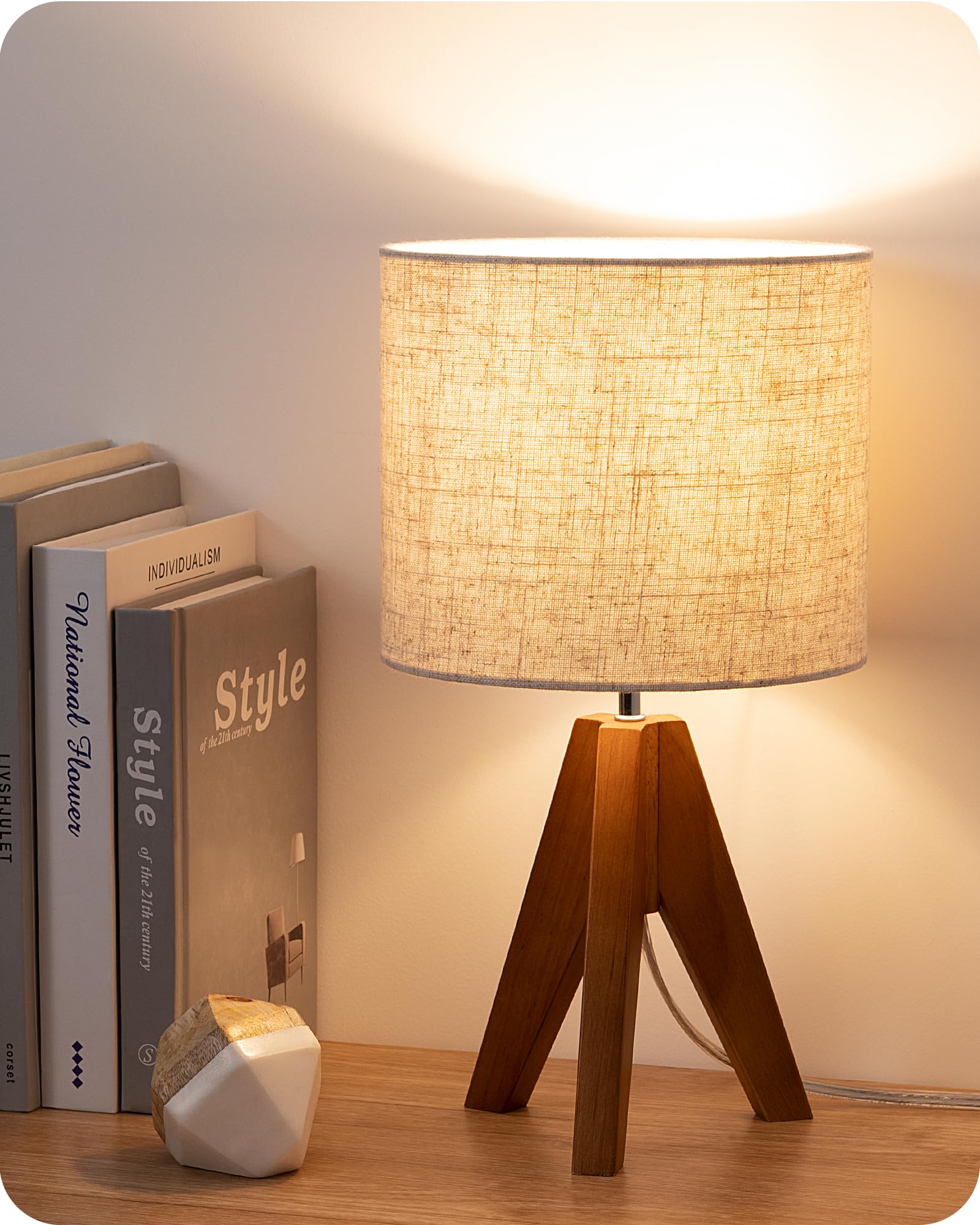 Wood Tripod Beige Linen Bedside Table Lamp