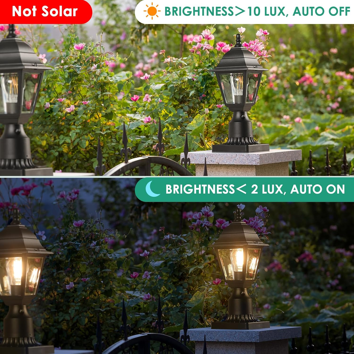 Black Clear Glass Dusk Dawn Post Lamps Set Two