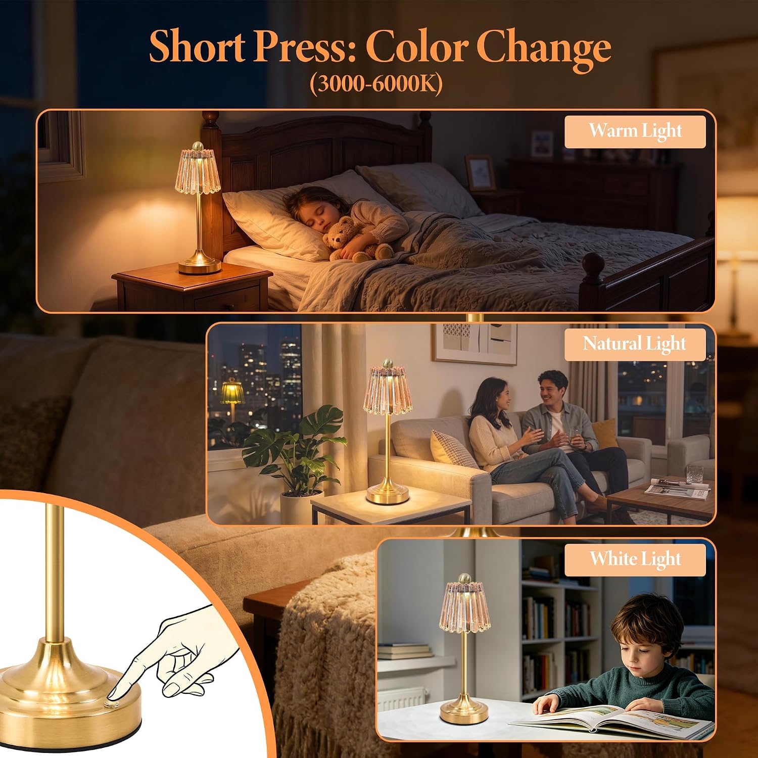 Cordless Touch Dimmable Glass Lamps Set of Two